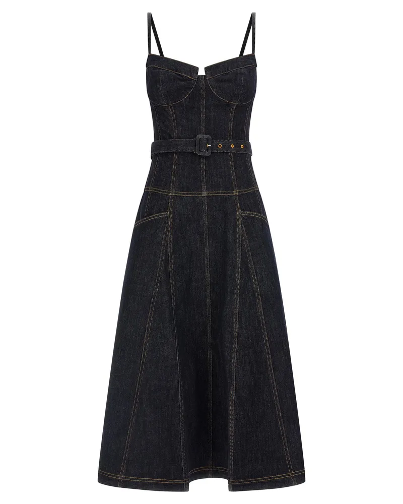 Self-Portrait Kleid „Indigo Denim Flared Midi“ von Blue