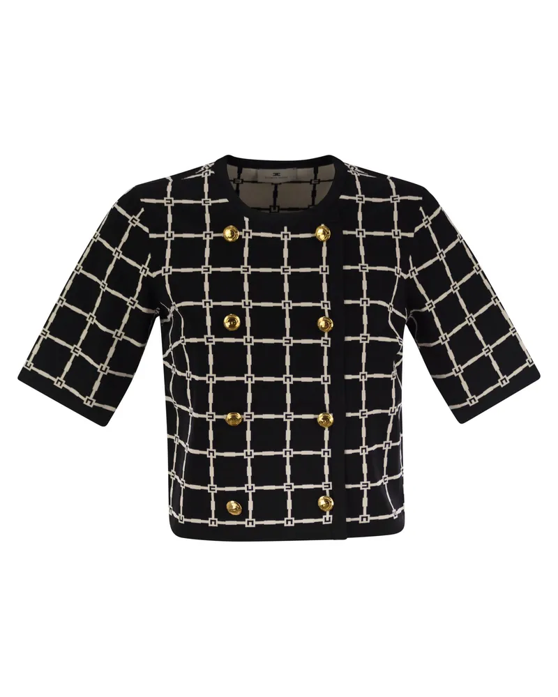 Elisabetta Franchi Jacquard Logo Cardigan mit goldenen Knöpfen Black
