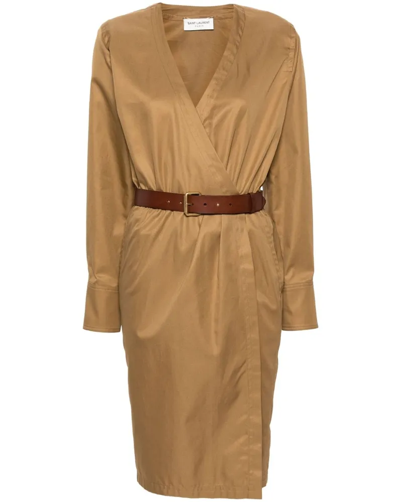 Saint Laurent Cotton Twill Midi Kleid Camel