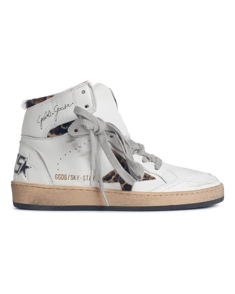Golden Goose Sky Star' weiße Lear -Sneakers mit Knöchelsignatur und Leo Pony Haareinsätzen White