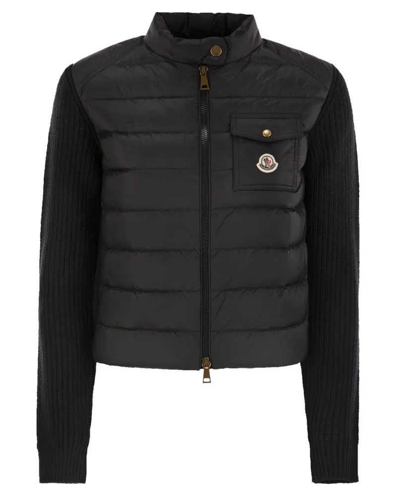 Moncler gepolsterte Woll -Strickjacke mit Reißverschluss Black