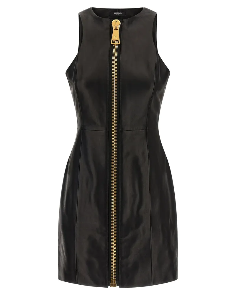 Balmain Maxi Zip Lederkleid Black