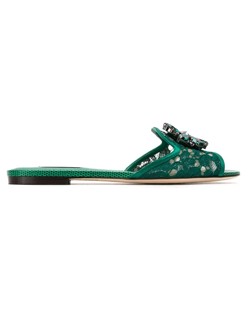 Dolce & Gabbana Crystal Lace Lace Flat Sandals Green