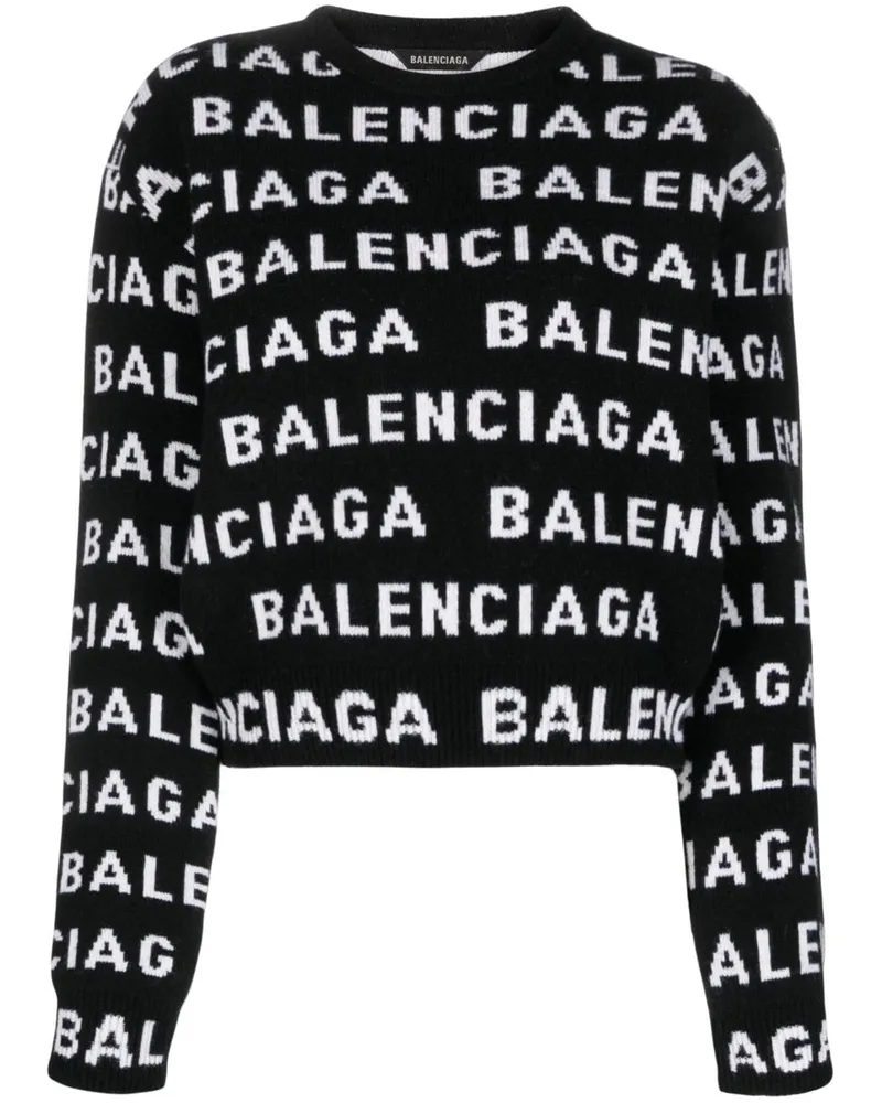 Balenciaga Allover Logo Wolle beschnittener Pullover Black