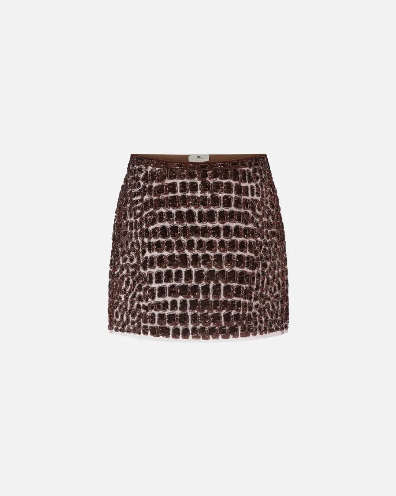 Elisabetta Franchi Tüllrock mit Kokosnussstickerei Coffee