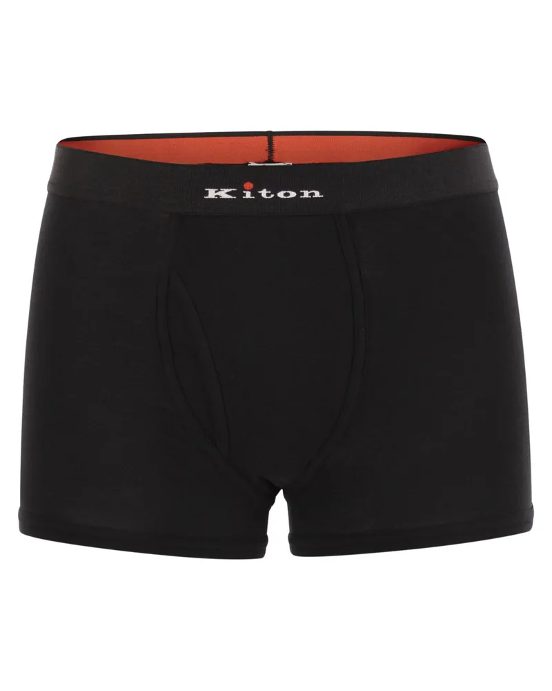 Kiton Stretch Cotton Boxer Shorts With Logo Black