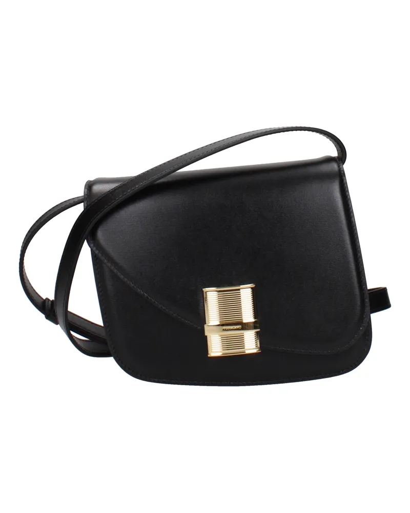 Ferragamo Damens Oyster Umhängetasche aus schwarzem Leder -