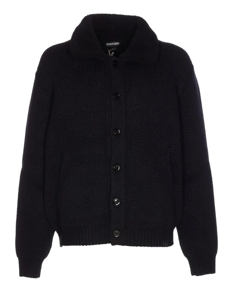 Tom Ford 3 Gauge Pure Cashmere Shearling Collar Cardigan Black