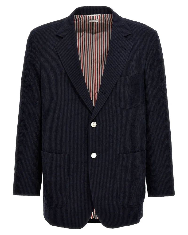 Thom Browne Single Breasted Seersucker Blazer Blue