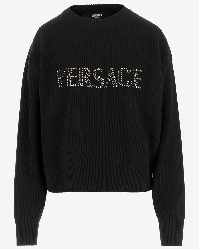 Versace gerippter Wollpullover mit Bolzen Black