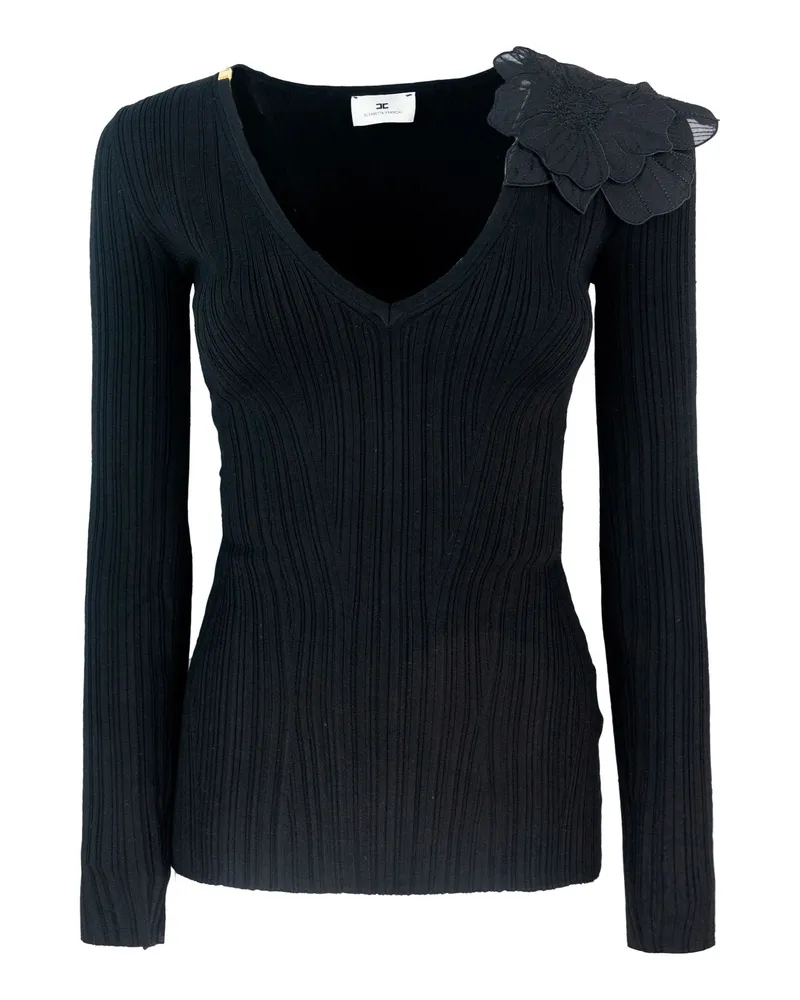 Elisabetta Franchi Top in Maglia A COSTE CON DETAGLIO FLOREALE Black