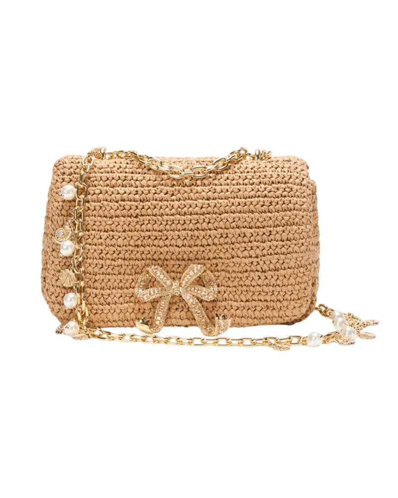 Self-Portrait Selbstporträt Raffia Bow Crossbody Tasche Brown