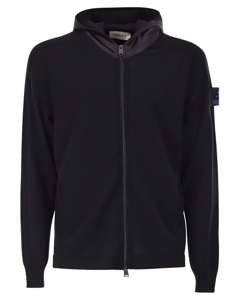 Premiata Woll-Cardigan mit Nylon-Kapuze Blue