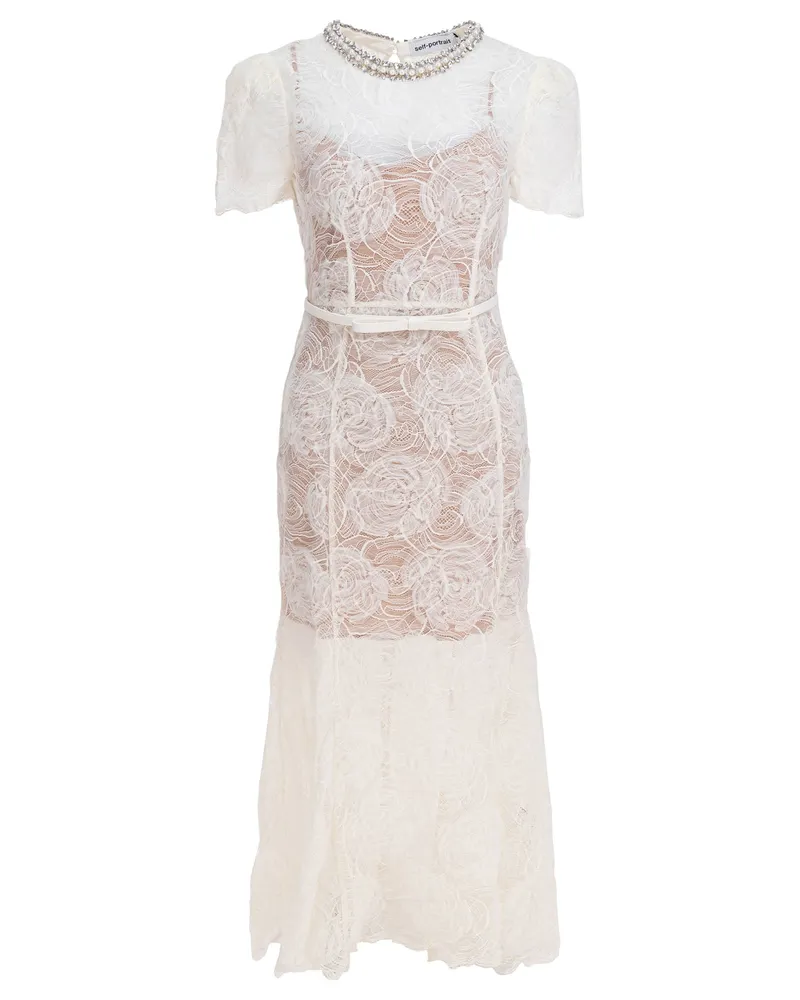 Self-Portrait Midikleid aus Spitze und Tüll Beige