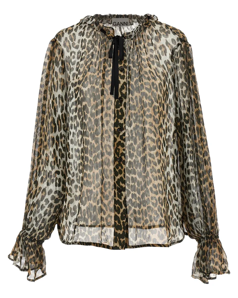 Ganni Leopard Print Chiffon Tie String' Shirt Multicolor