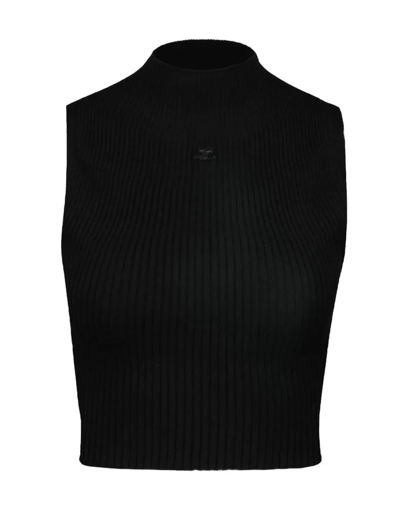 Courrèges Mockneck T -Shirt -Courreves Baumwolle schwarz Black