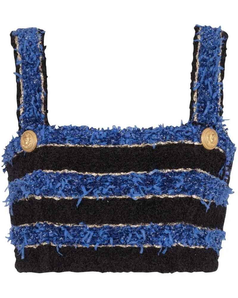 Balmain Cropped Striped Tweed Bra Top Blue