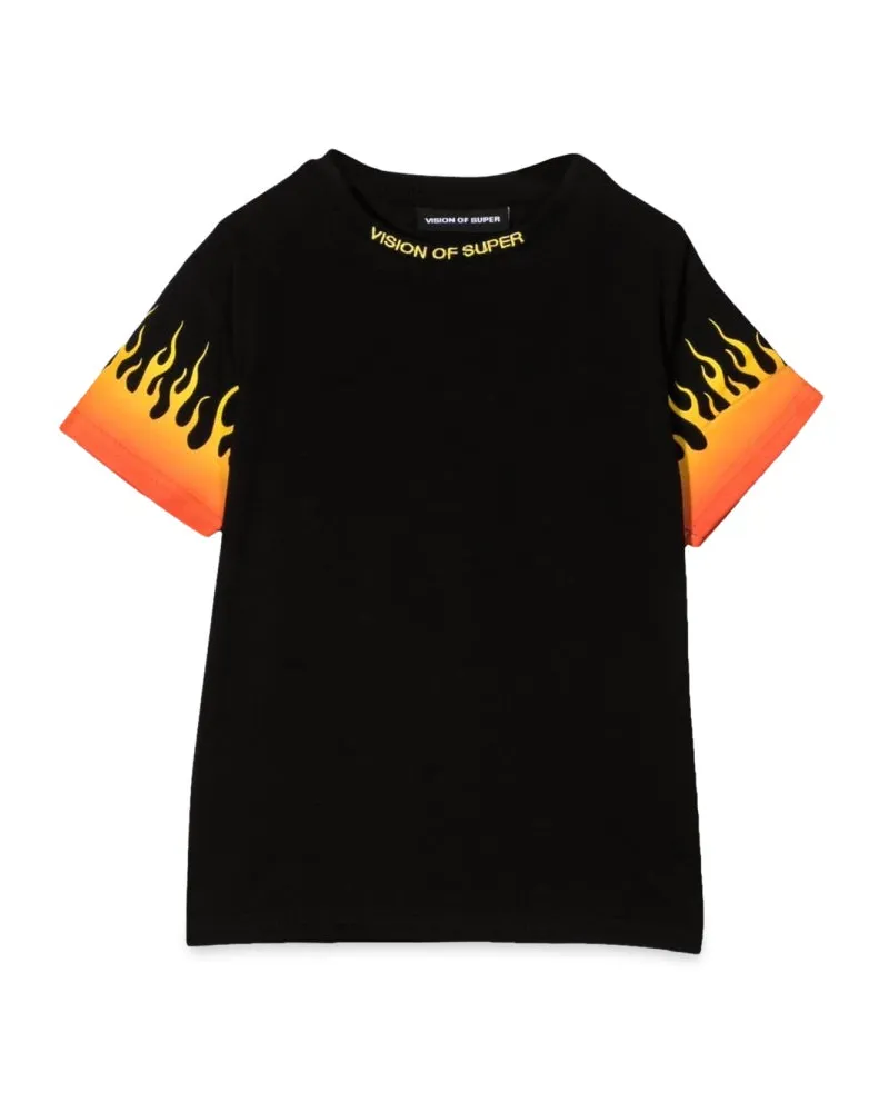 Vision Of Super Vision von super schwarzem T -Shirt mit schattierten roten Flammen Black