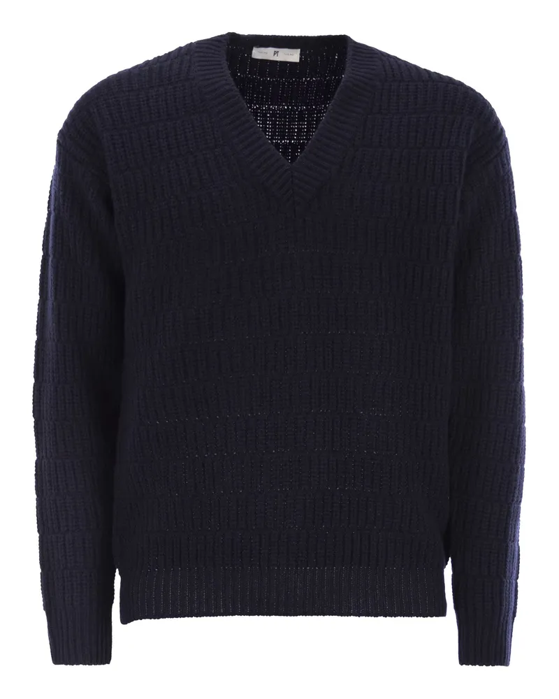 PT TORINO Wollpullover mit V-Ausschnitt Navy