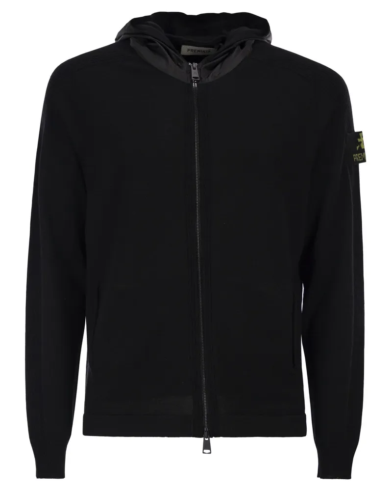 Premiata Woll-Cardigan mit Nylon-Kapuze Black