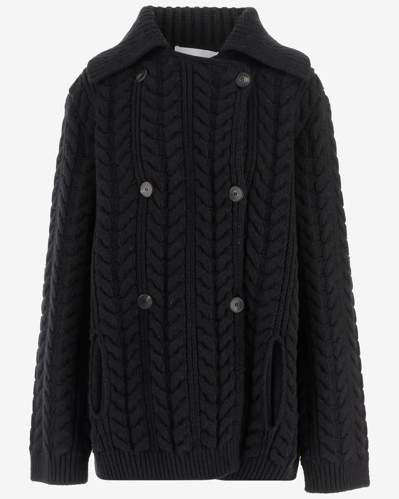 Sa Su Phi Doppelbrustwolle und Kaschmirjacke mit Kabelstrick Black