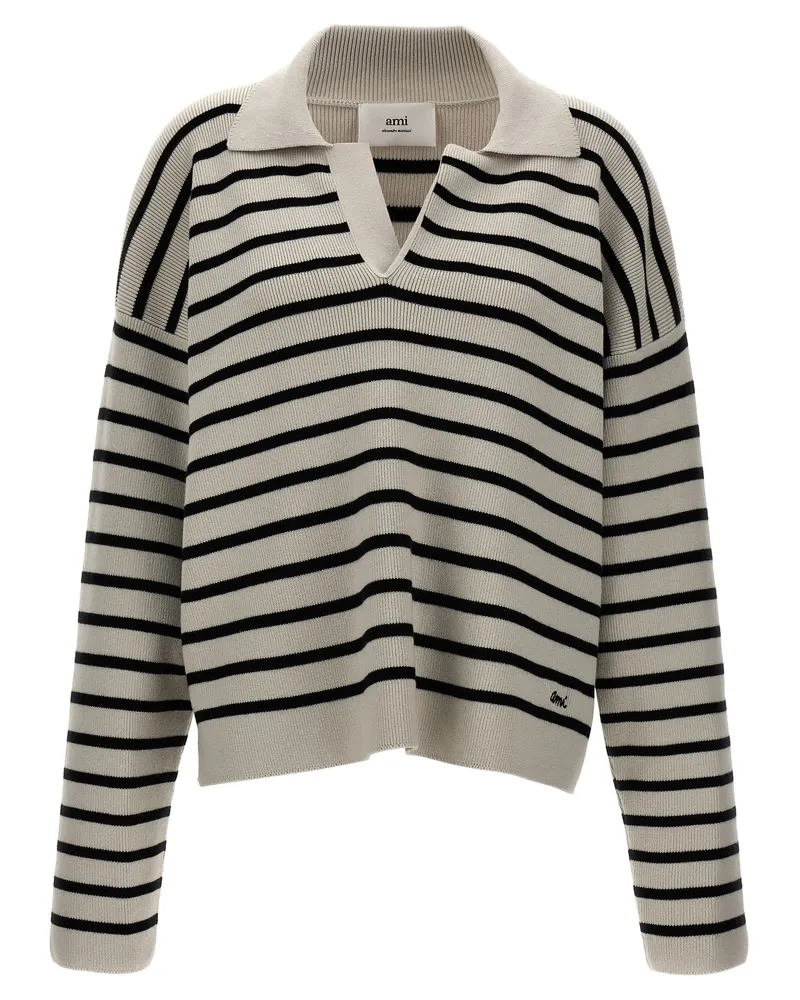 AMI Paris gestreifter Polopullover White