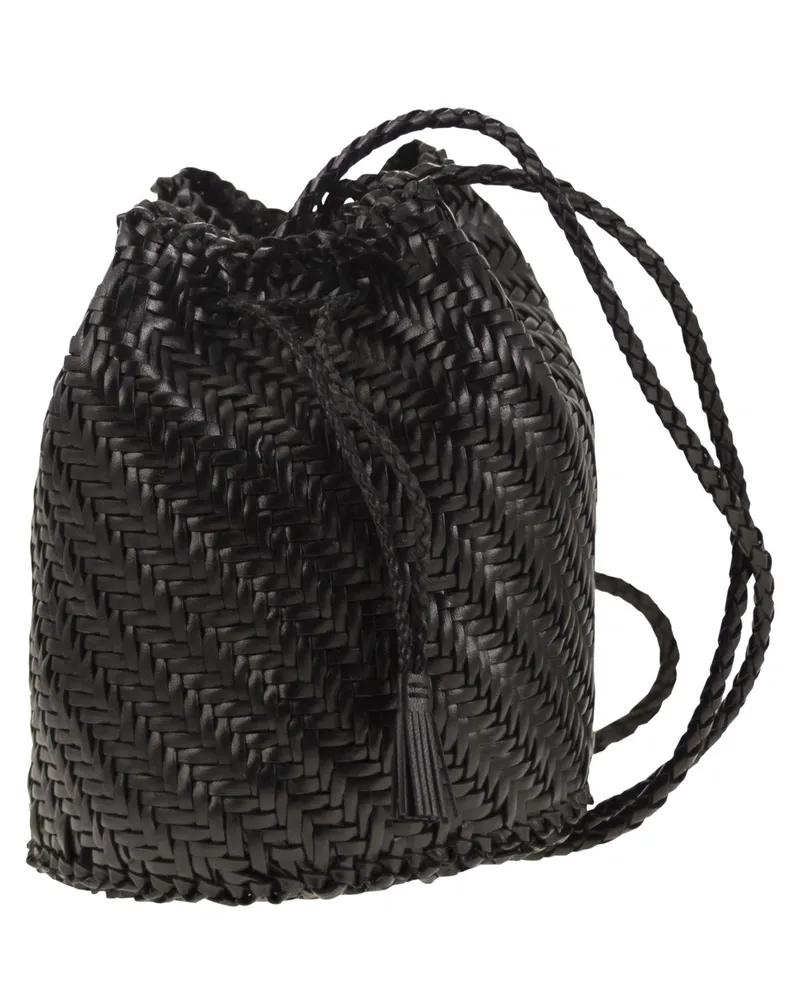 Dragon Pompom Double Jump Bucket Bag mit gewebten Leder Black