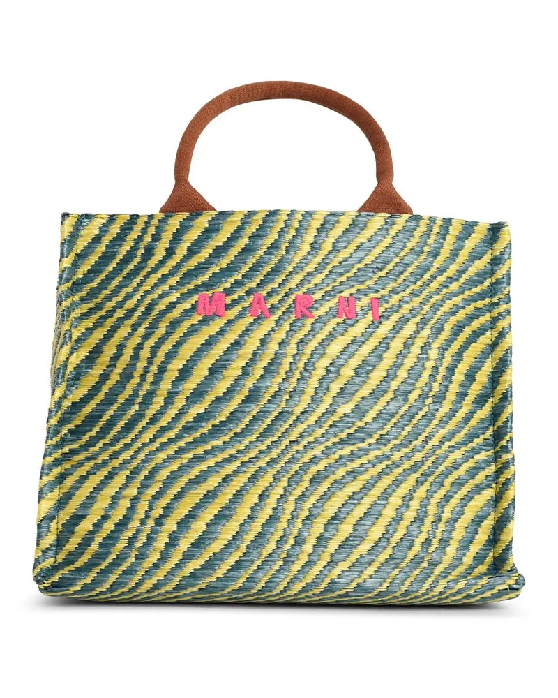 Marni Kleine „Tote“-Tasche von  aus mehrfarbigem Stoff mit natürlicher Raffia-Optik Green