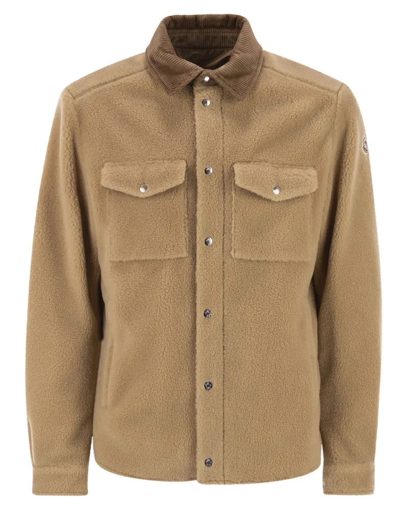 Moncler Shacket mit geripptem Samtbesatz in Teddy-Optik Beige