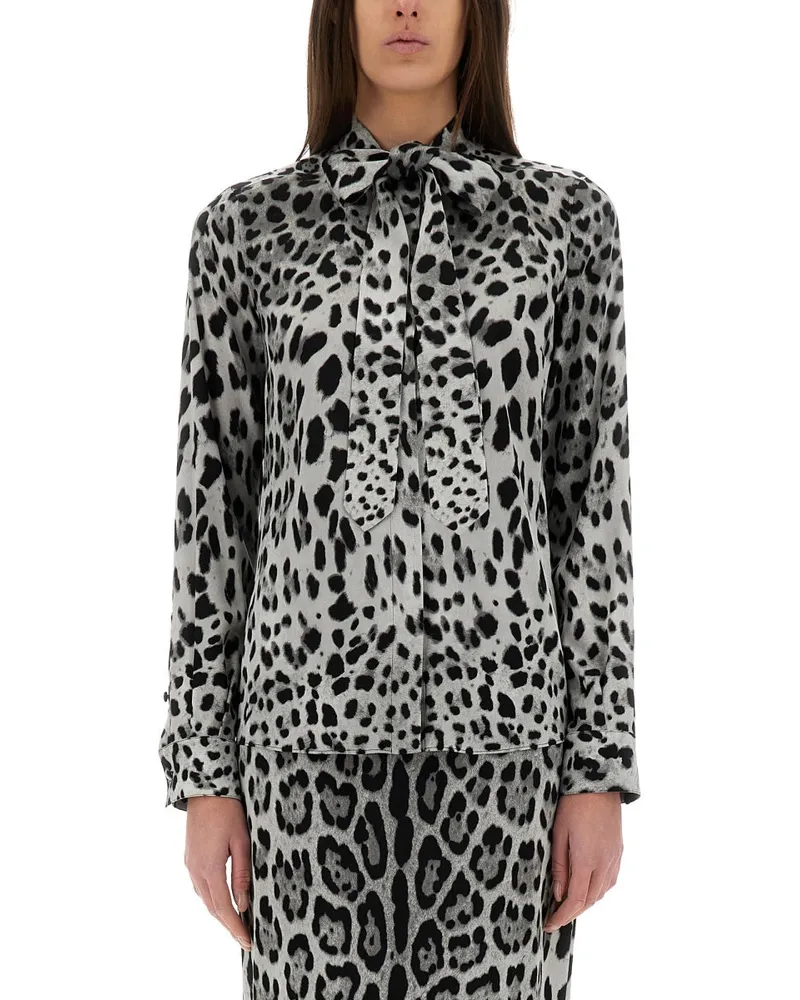 Dolce & Gabbana Leopard Print Bow Charmeuse Shirt Animalier