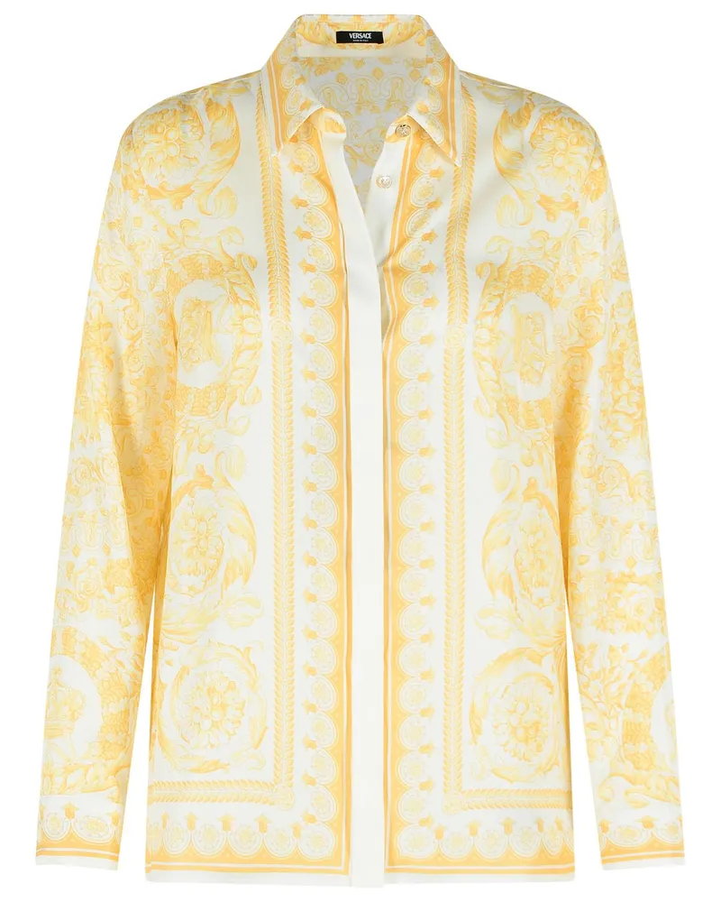 Versace Weißes und beiges „Barocco“-Seidenhemd von Gold