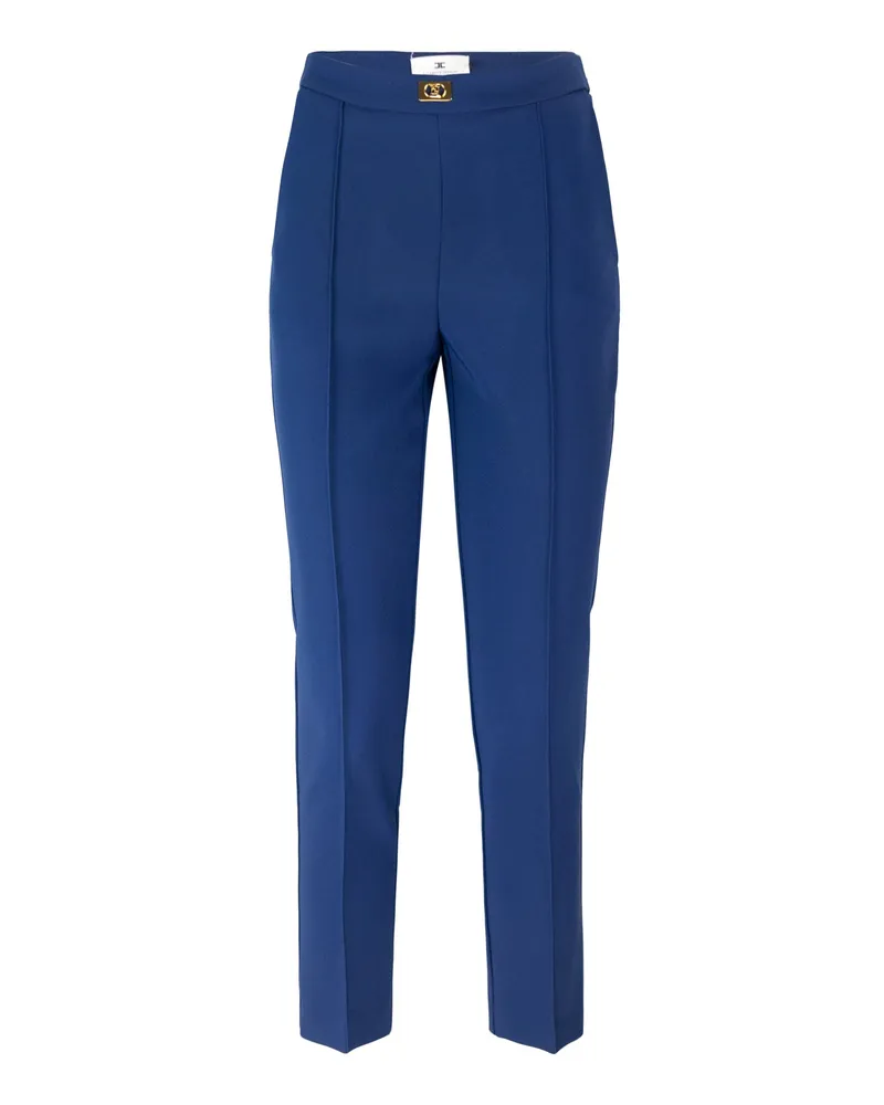 Elisabetta Franchi Pantaloni in Crêpe Blu con Placca -Logo Blue