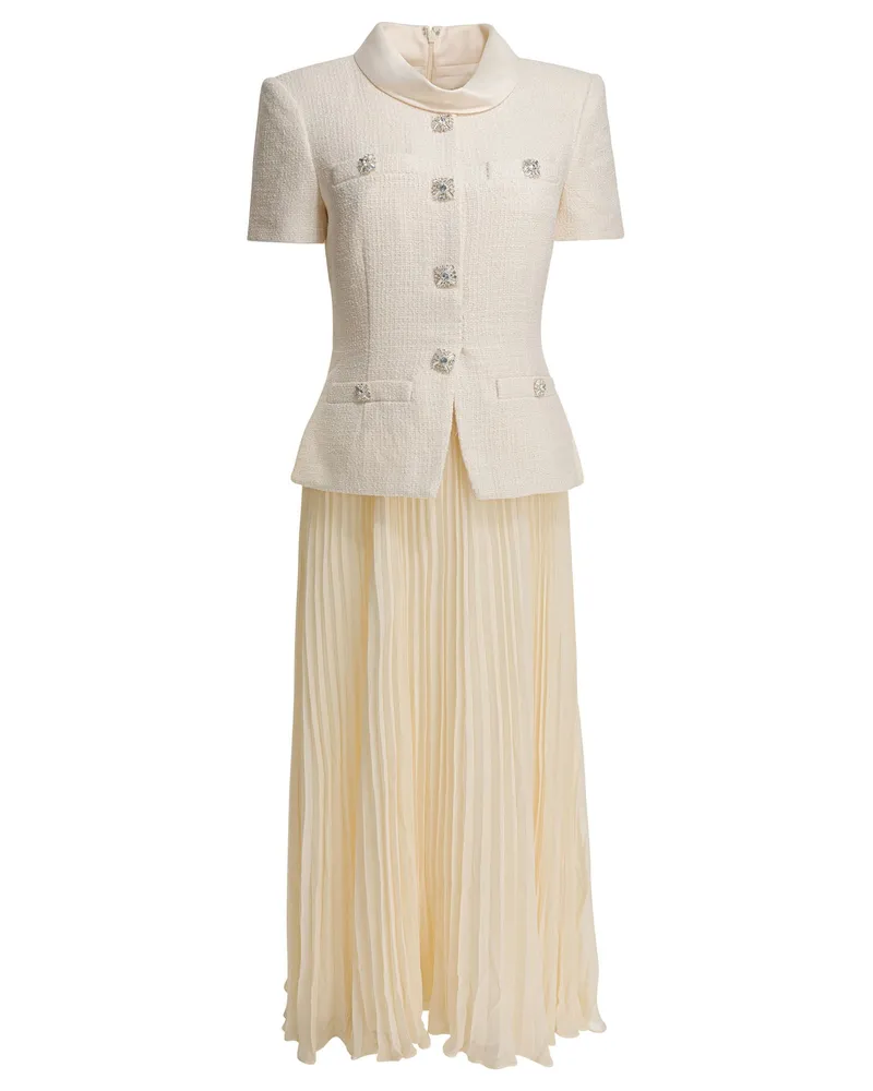 Self-Portrait Bouclé-Midikleid mit Faltenrock White