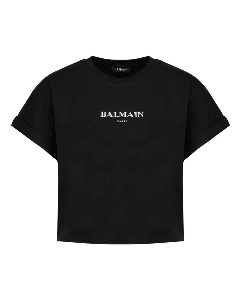 Balmain Vintage Print Crop T -Shirt  Baumwollschwarz Black
