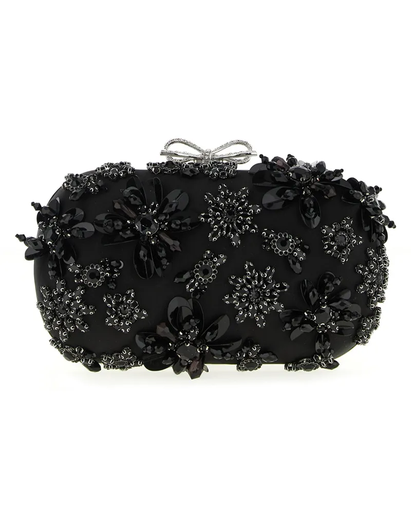Self-Portrait Selbstporträt-Clutch „Black Satin Floral Crystal Black