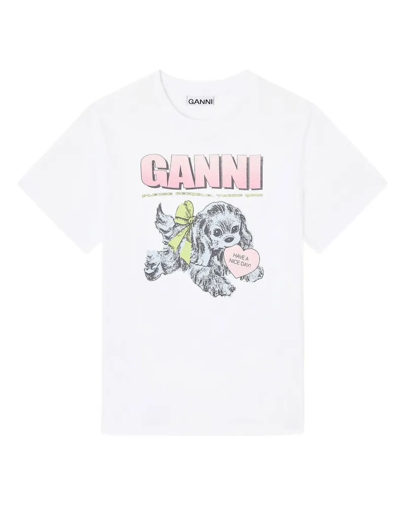 Ganni Neon Welpe Bio -Baumwoll -T -Shirt White