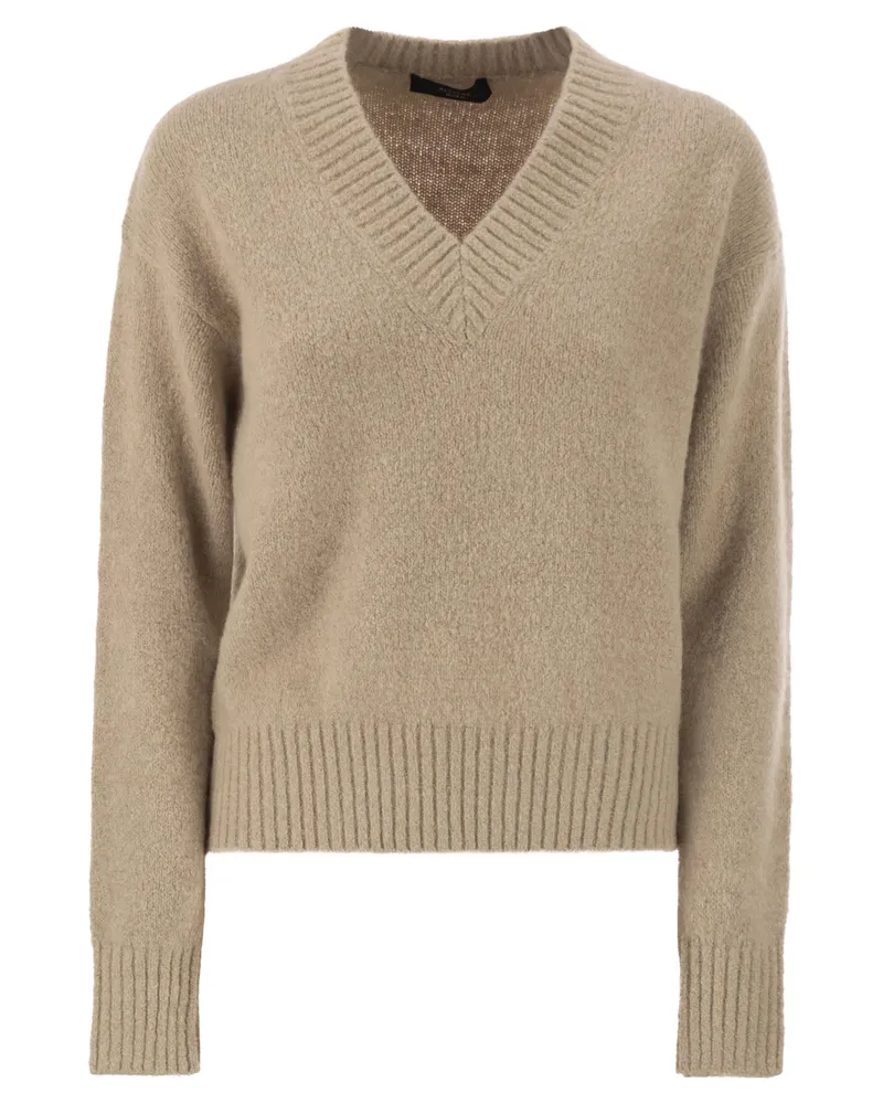 Weekend Max Mara Visita Pullover mit V-Ausschnitt aus Alpaka und Baumwolle Sand