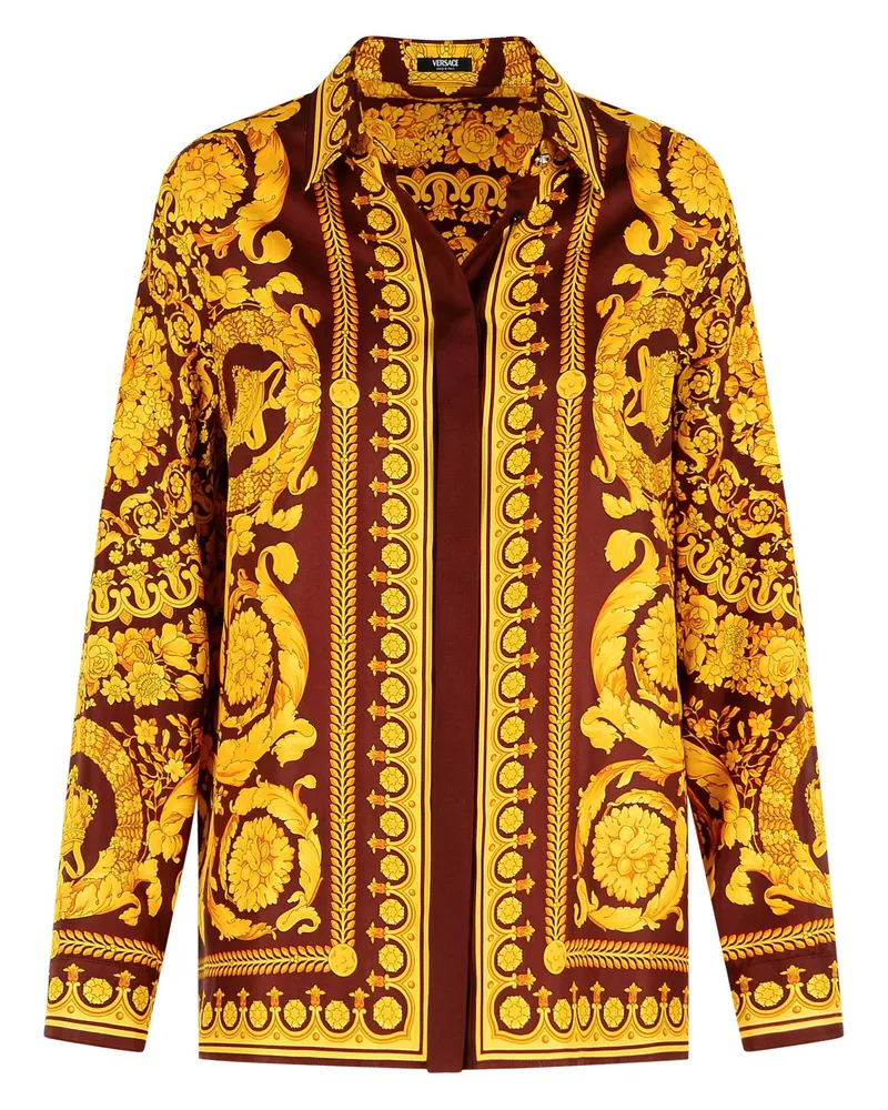 Versace Braunes und goldenes „Barocco“-Seidenhemd von Bordeaux