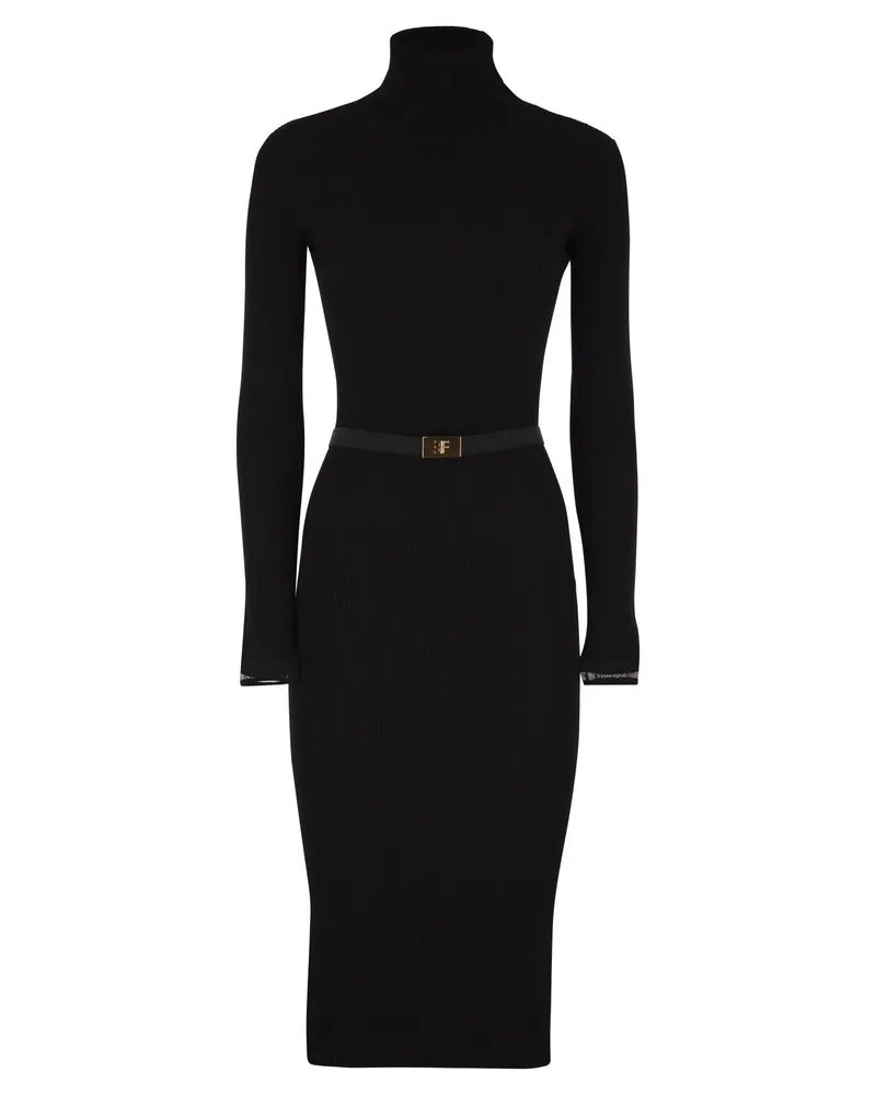 Elisabetta Franchi Ribbed Knit Dress With Belt Black