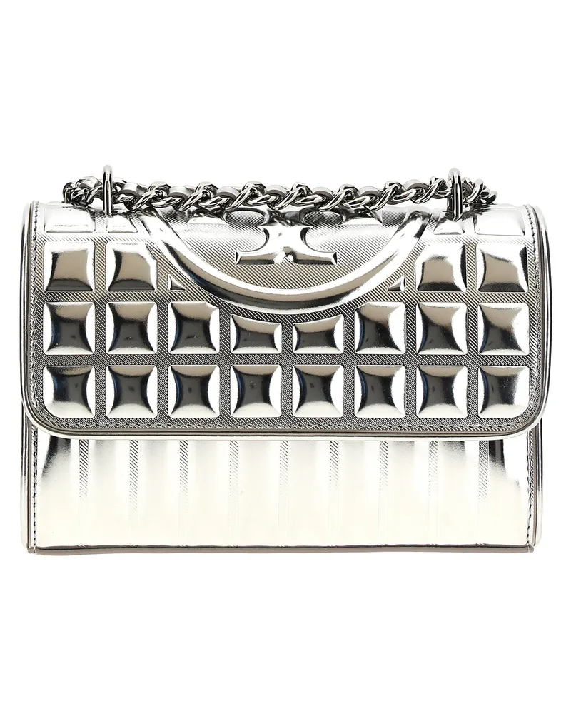 Tory Burch Fleming Metallic Quadrat Quilt' Umhängetasche Silver
