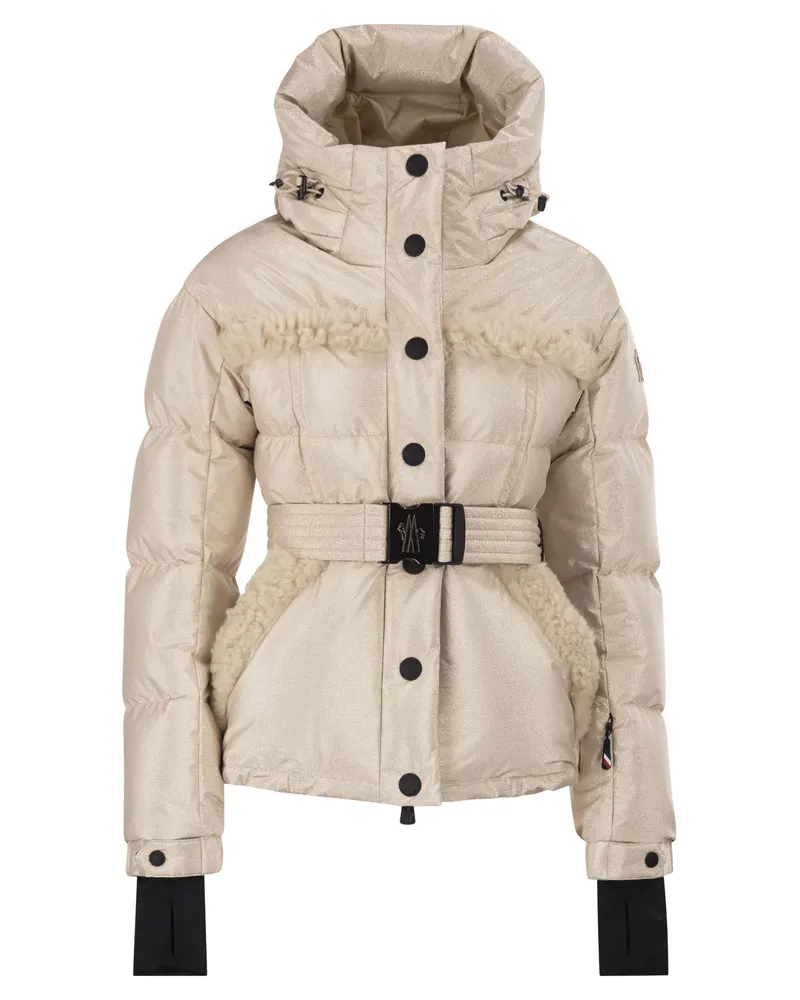 Moncler Mondim Metallic-Skijacke mit Lammfellkapuze Beige