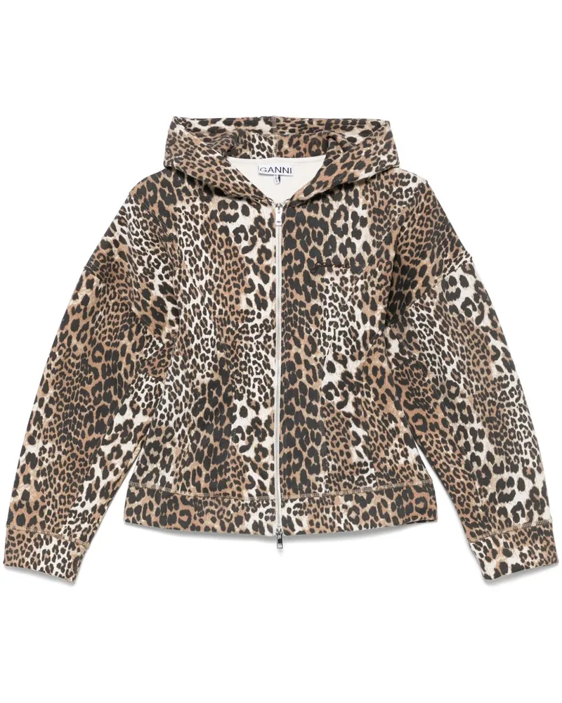 Ganni Leopard Print Organic Cotton Hoodie Brown