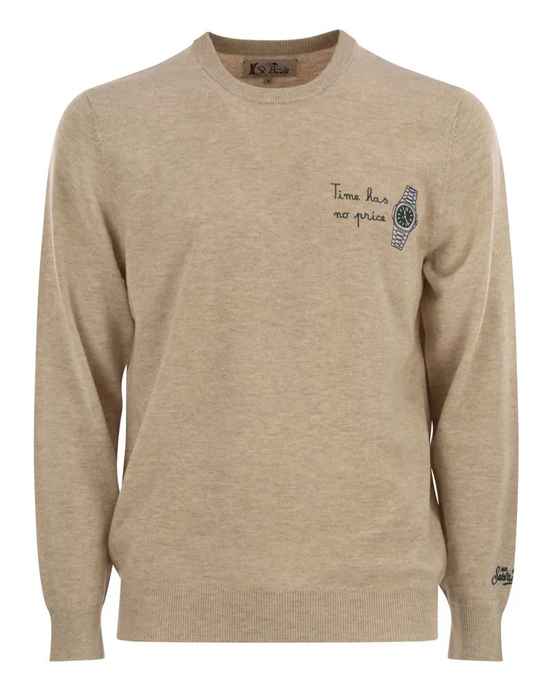 MC2 Saint Barth Heron Crew Halsspringer mit Stickerei auf der Brust Beige
