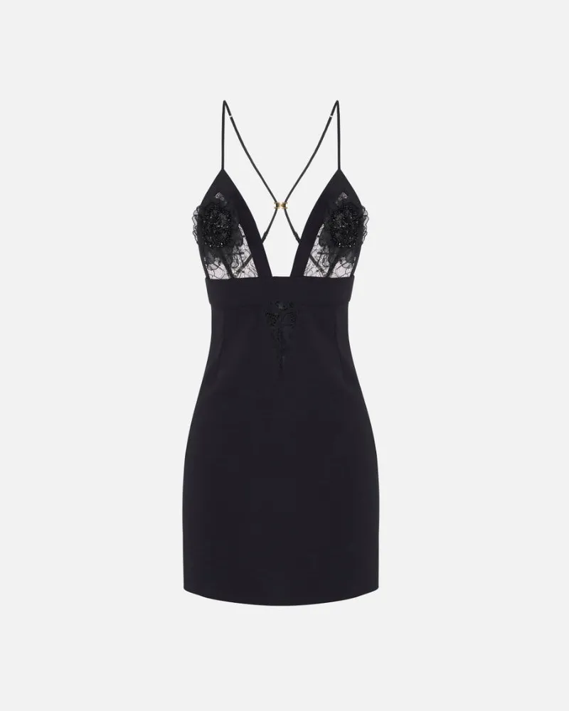 Elisabetta Franchi Kleid mit Spitze und Blumen Black
