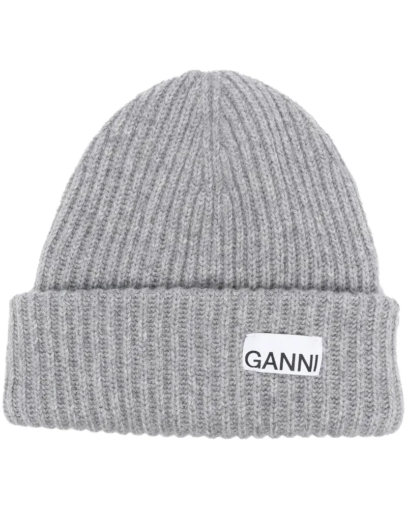 Ganni Wolle gerippte Mütze Grey