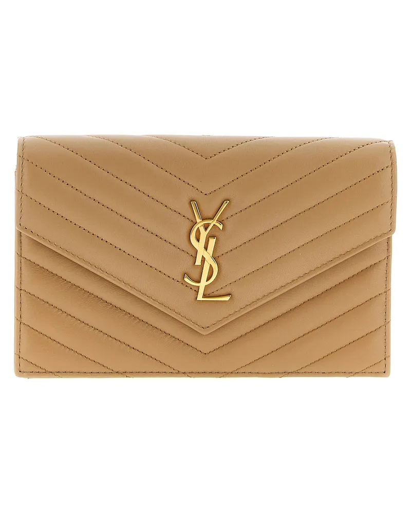 Saint Laurent Envelope Cassandre“-Geldbörse mit Kette Beige