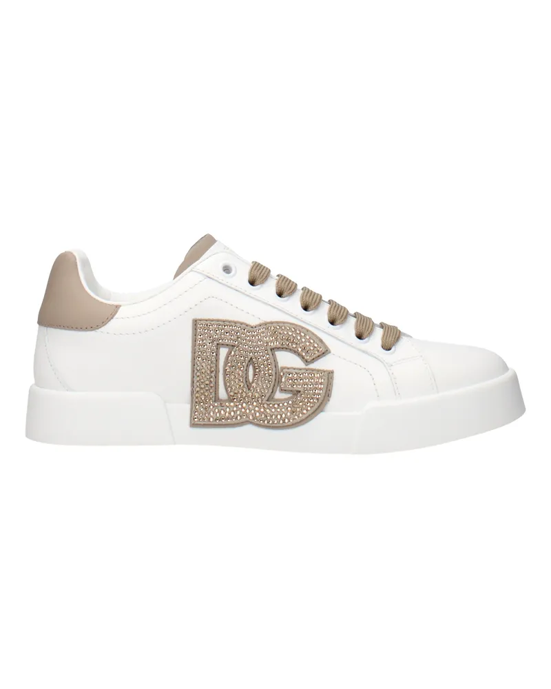 Dolce & Gabbana Portofino Light Damens Sneakers aus weißem/taupefarbenem Leder -