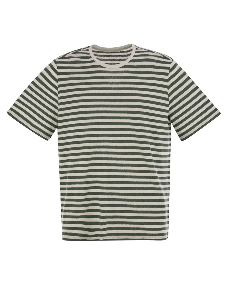 Majestic Majestätte gestreifte Leinen Crew Neck T -Shirt White