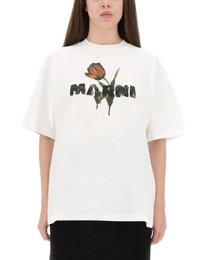 Marni weiße Baumwoll -T -Shirt mit Tulpendruck White