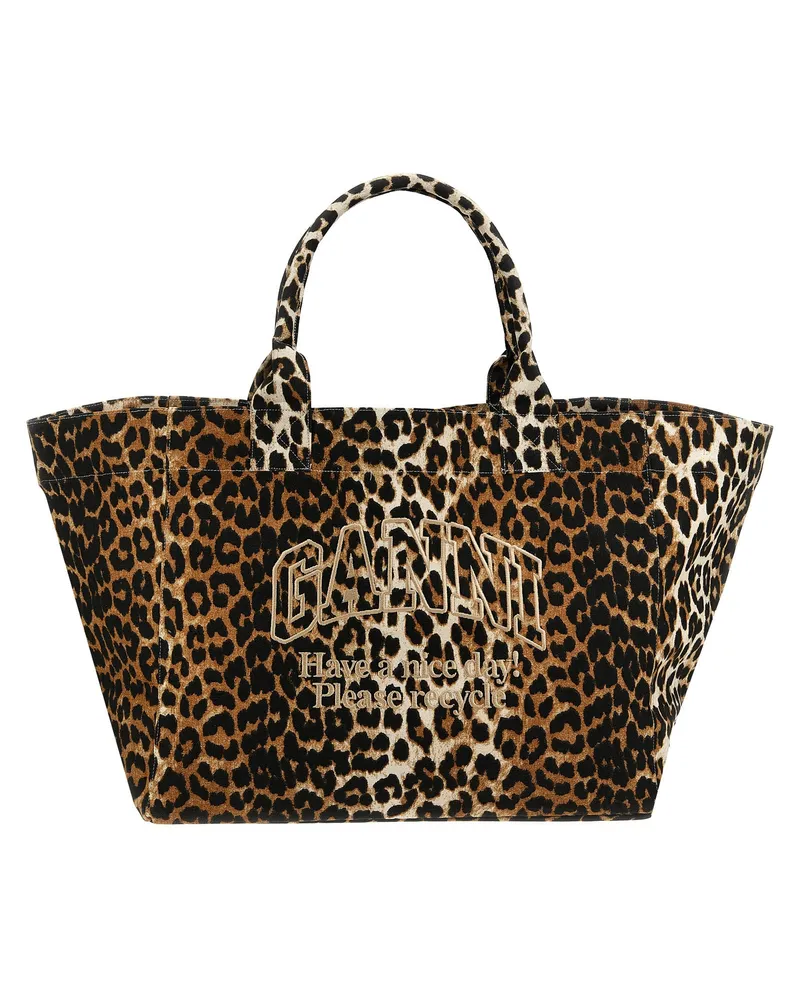 Ganni übergroße Leopard -Einkaufstasche Brown